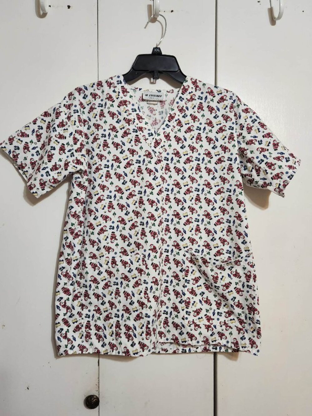 Vintage In Stitches Christmas Scrub Top XS Santa Claus Toys Made in USA Holiday